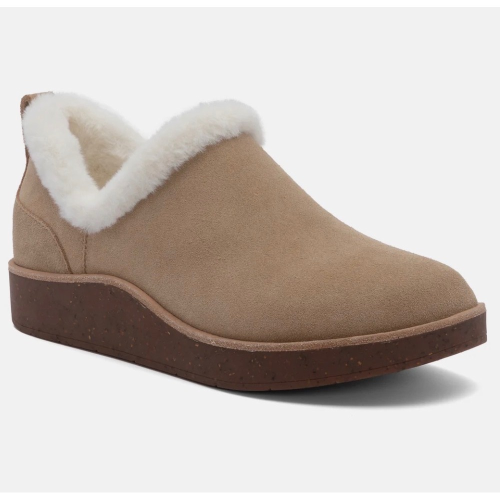 Pioneer Bootie 2372 Tan Leather Faux Fur Lined Slip On Wedge Shoes Womens 8 NEUT
